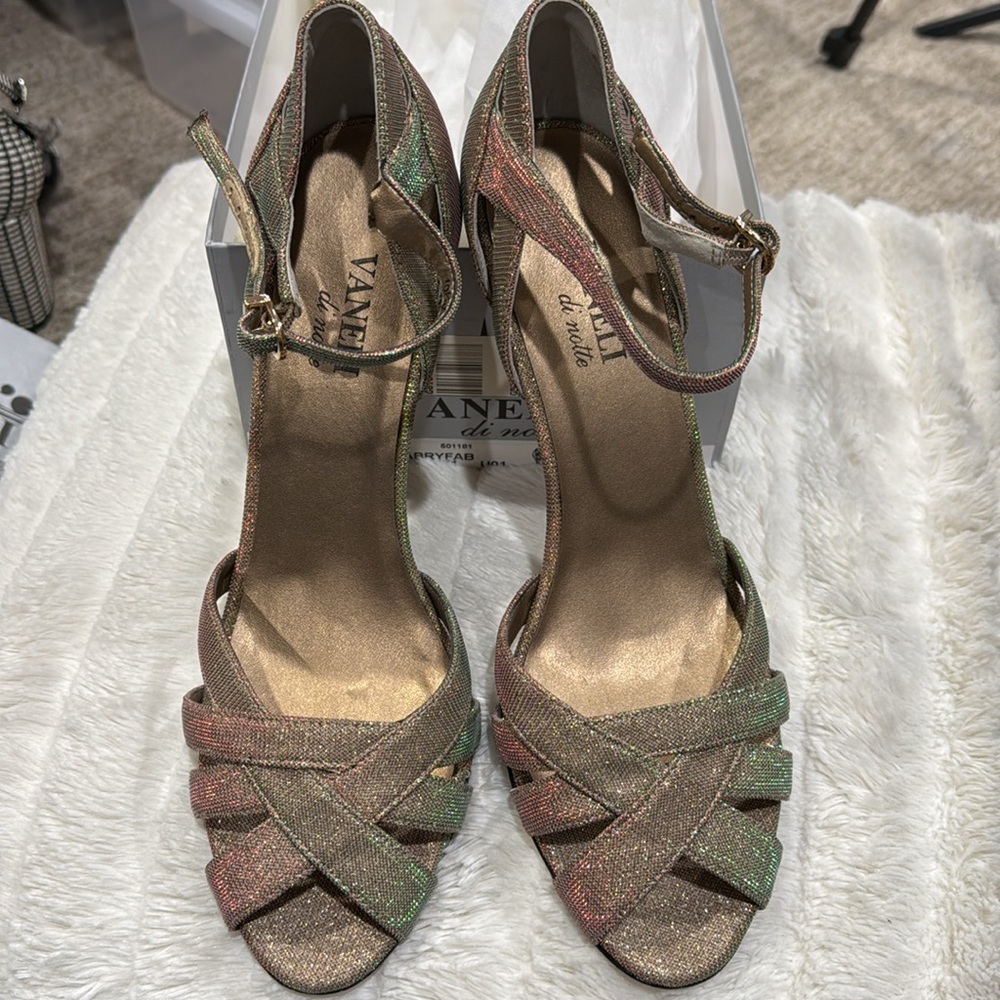 NIB Vaneli Sandals | Metallic Gold with blue, green and rose tones | size 10.5
